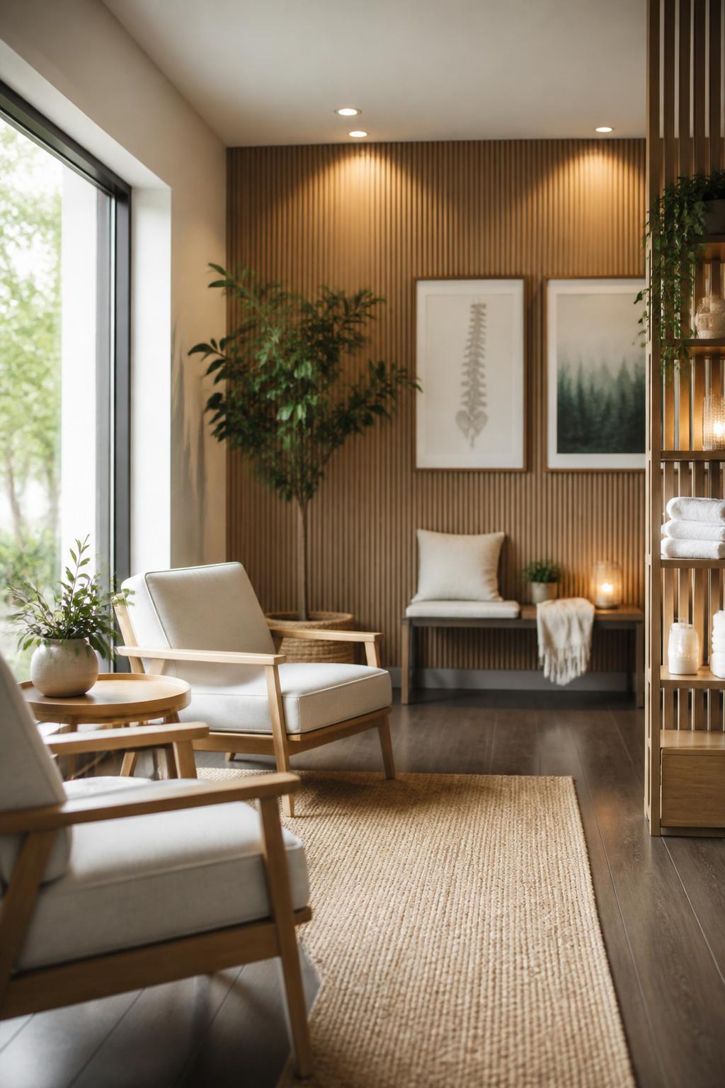 Welcoming chiropractic clinic reception area with clean seating and warm accents.